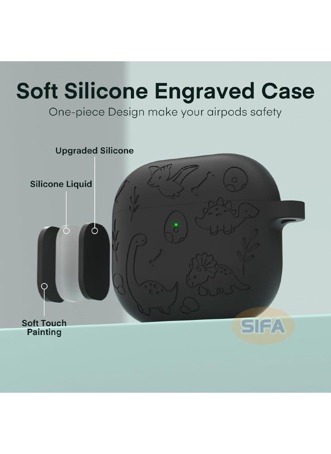 AirPods 4th Generation Case, Engraved AirPod 4 Case with Cleaner Kit, Soft Silicone Skin Protective Case for Women Men with Keychain for Airpods 4 2024, Dinosaur Deep Grey