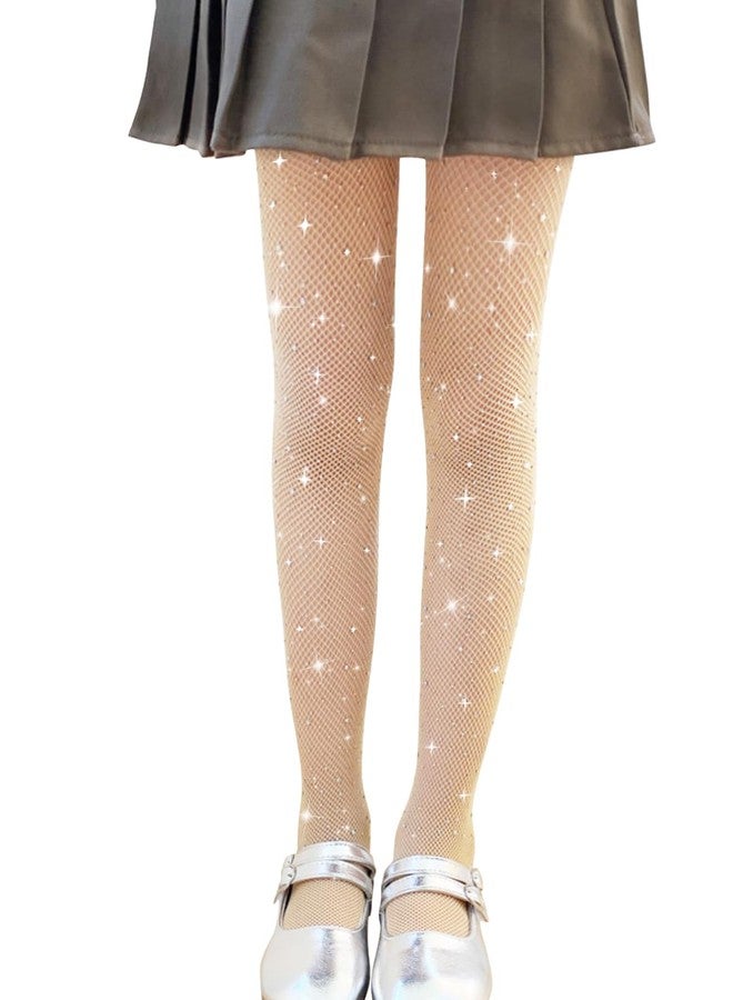 LOLANTA Girls Sparkle Tights 2 Pack Fishnet Rhinestone Stockings for Kids Shimmer Mesh Pantyhose(Nude-Rhinestone,8-12Y) - Image 1