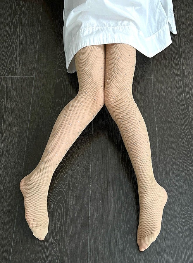 LOLANTA Girls Sparkle Tights 2 Pack Fishnet Rhinestone Stockings for Kids Shimmer Mesh Pantyhose(Nude-Rhinestone,8-12Y) - Image 3