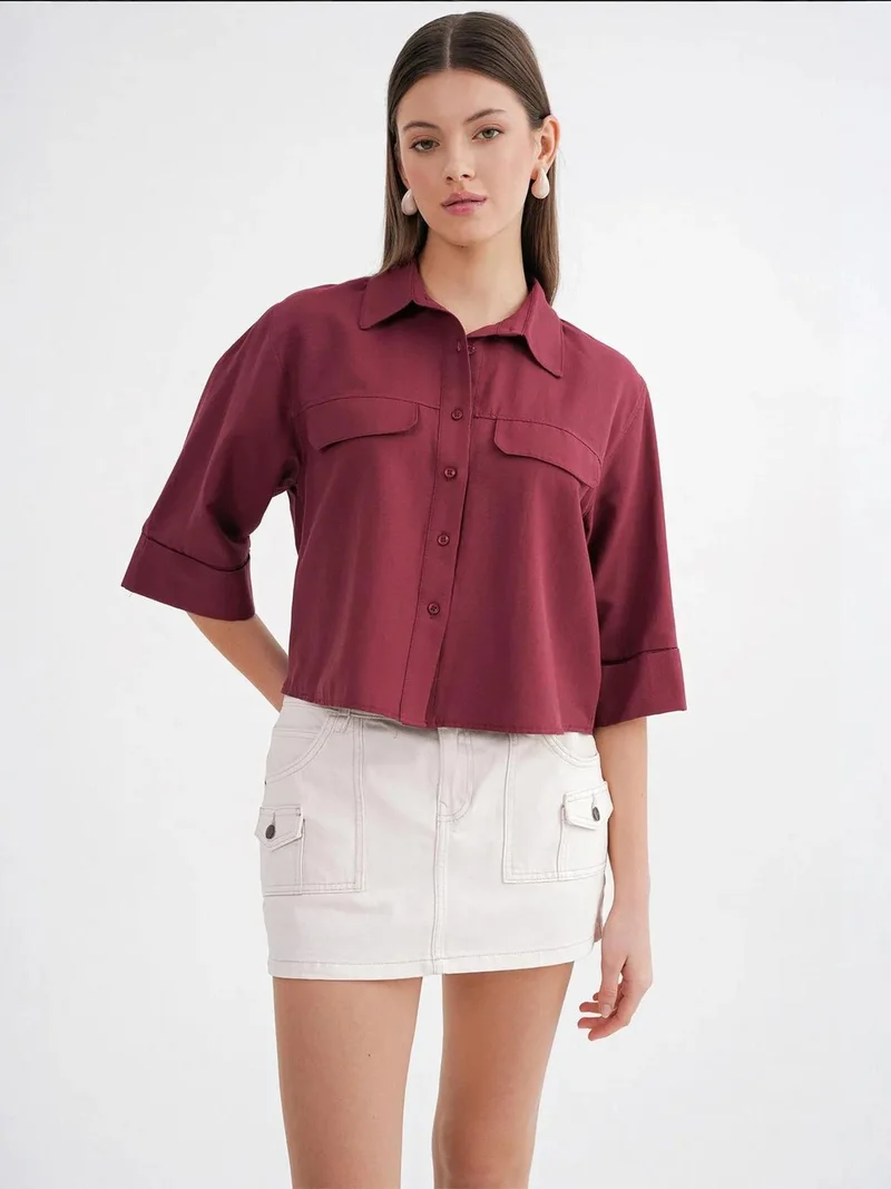 MixRay Burgundy Red Mixray Short Sleeve Crop Poplin Shirt for Women | Best Price UAE