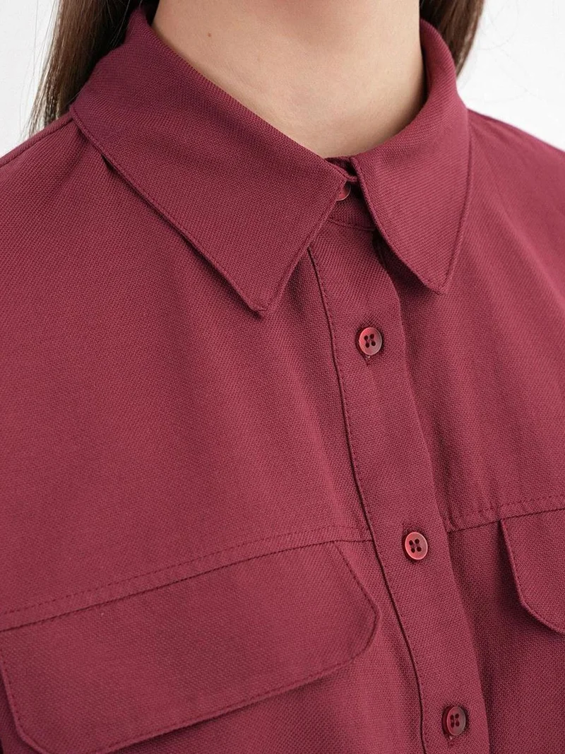 MixRay Burgundy Red Mixray Short Sleeve Crop Poplin Shirt for Women | Best Price UAE