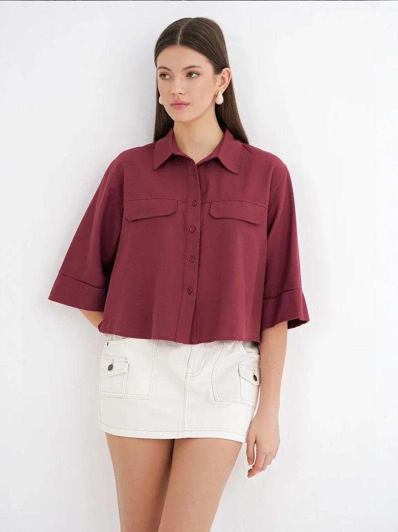 MixRay Burgundy Red Mixray Short Sleeve Crop Poplin Shirt for Women | Best Price UAE