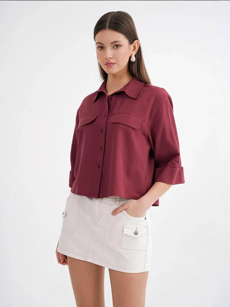 MixRay Burgundy Red Mixray Short Sleeve Crop Poplin Shirt for Women | Best Price UAE