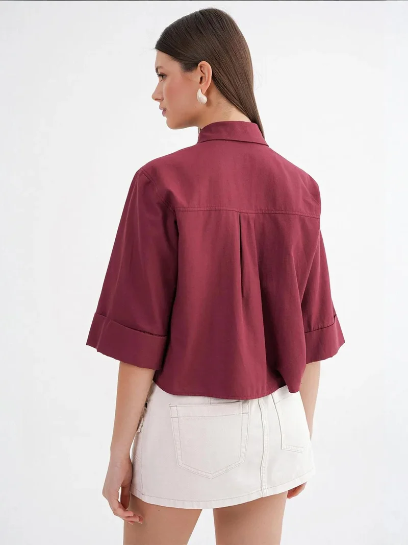 MixRay Burgundy Red Mixray Short Sleeve Crop Poplin Shirt for Women | Best Price UAE
