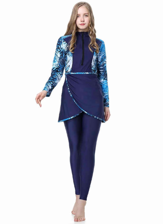 MARGOUN Women XXL Size Muslim Women Modest Swimsuit Full Coverage Floral Print Three Piece Islamic Hijab Ladies Beachwear Swimming Swimwear Blue - Image 1