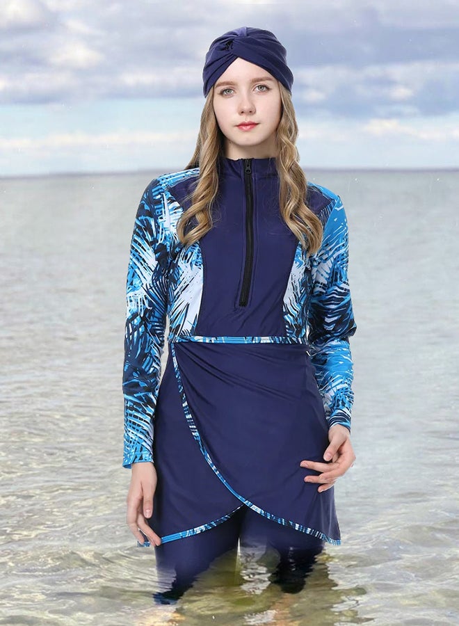 MARGOUN Women XXL Size Muslim Women Modest Swimsuit Full Coverage Floral Print Three Piece Islamic Hijab Ladies Beachwear Swimming Swimwear Blue - Image 3