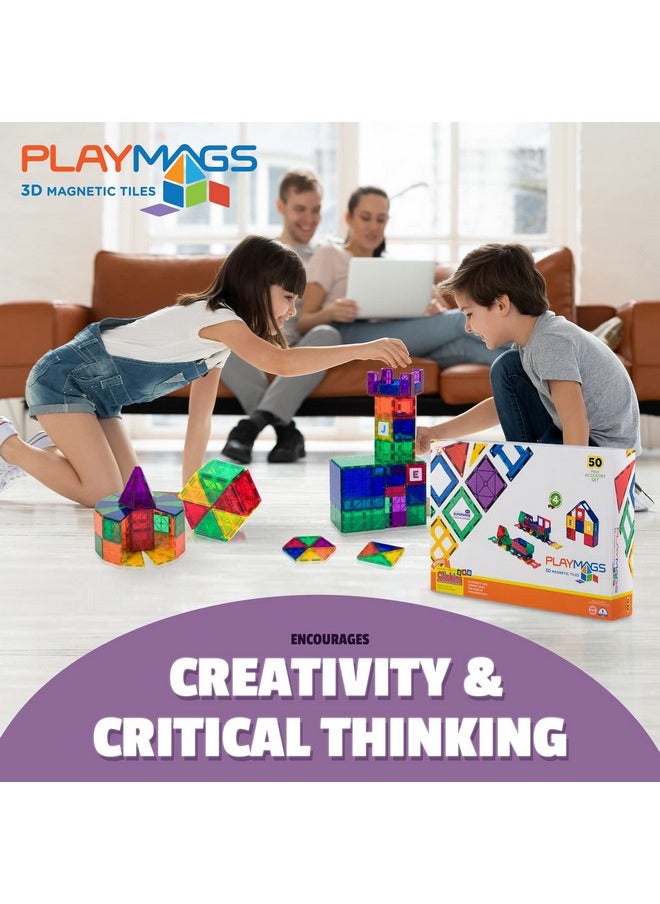 Playmags Playmags Magnetic Tiles Train Car Set for Kids - 55pcs Magnet Building Blocks Accessory Set with 4 Cars - Durable Creative STEM Learning Toys for Boys, Girls & Toddlers  - Image 4