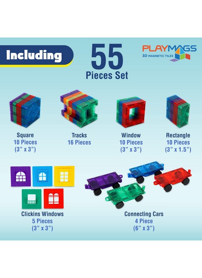 Playmags Playmags Magnetic Tiles Train Car Set for Kids - 55pcs Magnet Building Blocks Accessory Set with 4 Cars - Durable Creative STEM Learning Toys for Boys, Girls & Toddlers  - Image 2
