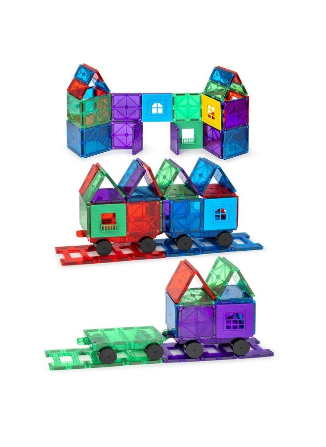Playmags Playmags Magnetic Tiles Train Car Set for Kids - 55pcs Magnet Building Blocks Accessory Set with 4 Cars - Durable Creative STEM Learning Toys for Boys, Girls & Toddlers  - Image 1