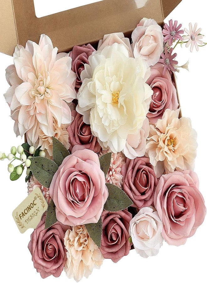 FACINOC Roses Artificial Flowers Pink Bouquets Box Set for DIY Bridal Wedding Shower Decorations Fake Floral Arrangements for Party Table Centerpieces Home Decor Indoor Outdoor Dusty Blush 19pcs - Image 1
