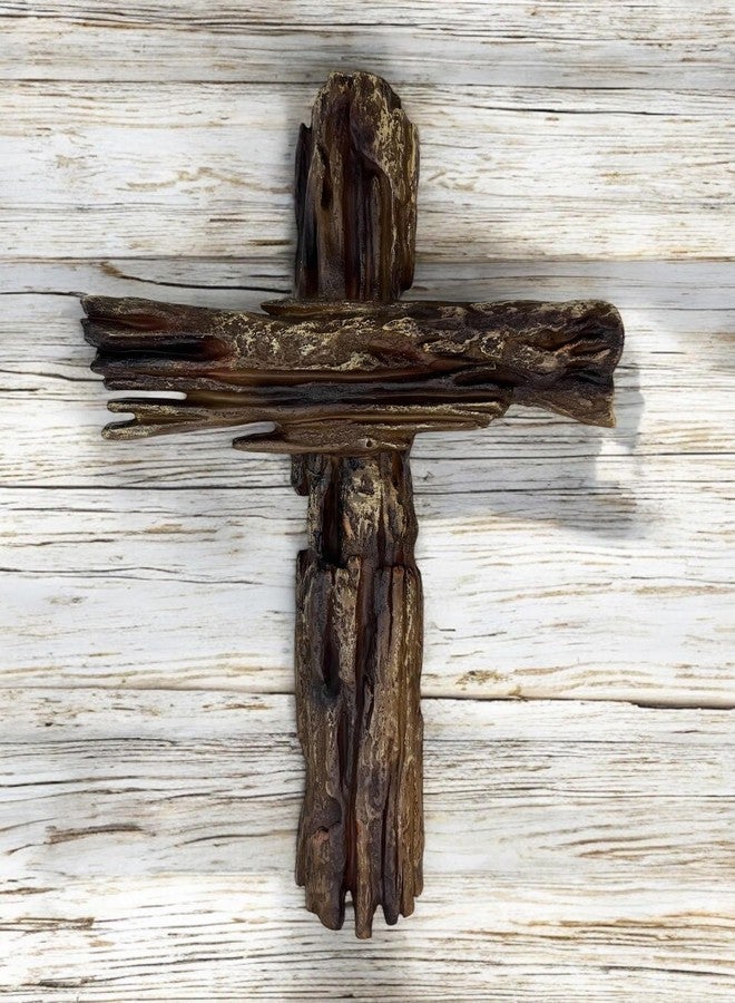 Top Brass 12” Simple Rustic Driftwood Inspired Resin Wall Cross - Faithful Symbol of Christ’s Love - Jesus Art Décor Sculpture - Image 2