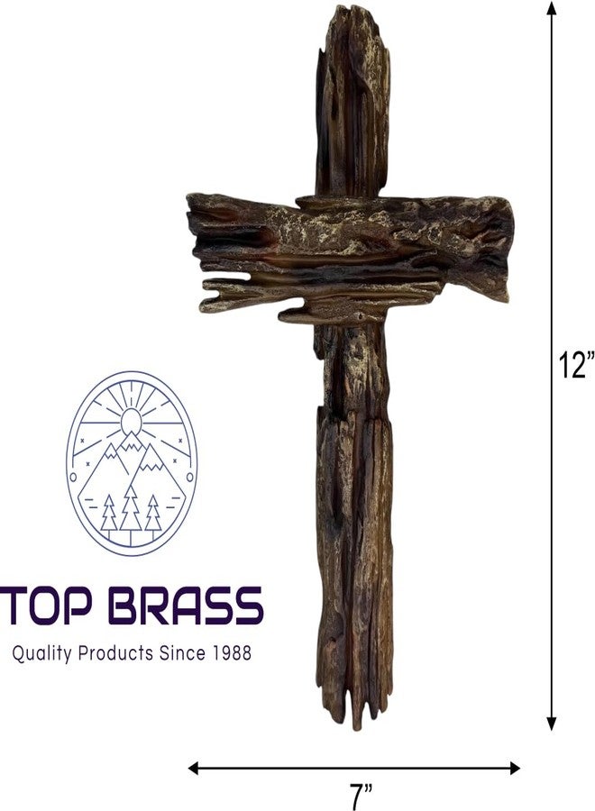 Top Brass 12” Simple Rustic Driftwood Inspired Resin Wall Cross - Faithful Symbol of Christ’s Love - Jesus Art Décor Sculpture - Image 3
