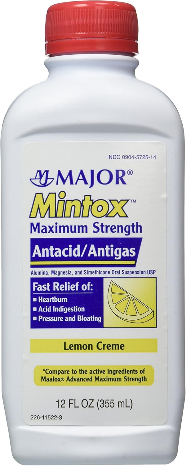 MAJOR Major Mintox Maximum Strength Antacid/Antigas for Fast Relief of Heartburn, Acid Indigestion, Pressure, Bloating - Lemon Creme - 12 Fl Oz (355 mL) (4 Pack) 
