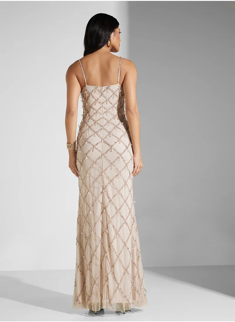 نمشي x Strappy Tear Drop Detail Embellished Dress