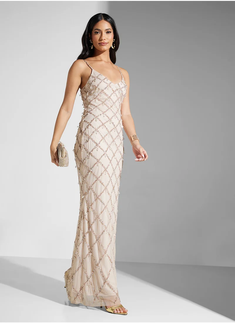 نمشي x Strappy Tear Drop Detail Embellished Dress