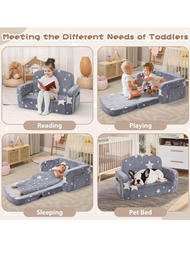 Glow in The Dark Extra Soft Open Couch 2-in-1 Toddler Soft Couch Fold Out Glow in Dark Convertible Plush Foam Chair Star Glow in The Dark Toddler Couch for Playroom Bedroom - Image 5