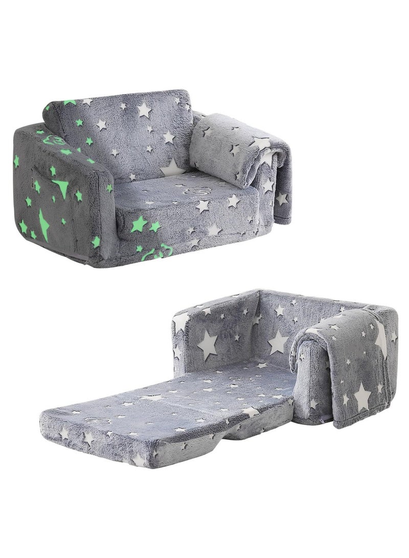 Glow in The Dark Extra Soft Open Couch 2-in-1 Toddler Soft Couch Fold Out Glow in Dark Convertible Plush Foam Chair Star Glow in The Dark Toddler Couch for Playroom Bedroom - Image 1