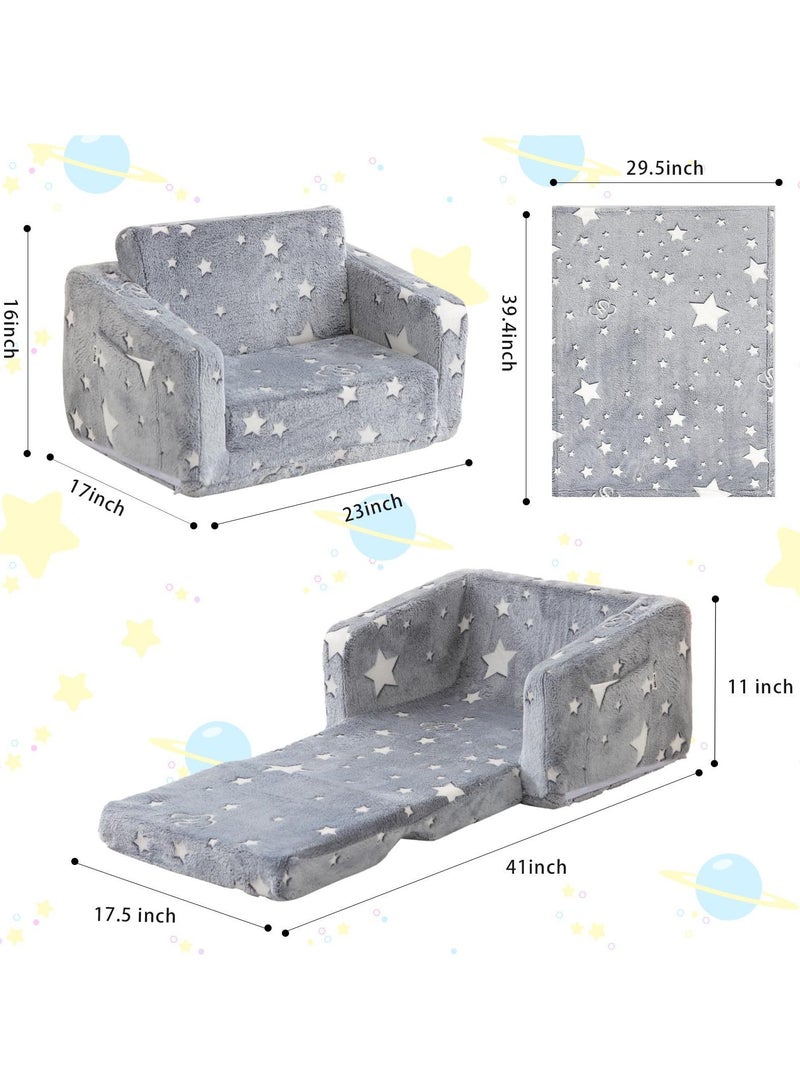 Glow in The Dark Extra Soft Open Couch 2-in-1 Toddler Soft Couch Fold Out Glow in Dark Convertible Plush Foam Chair Star Glow in The Dark Toddler Couch for Playroom Bedroom - Image 3