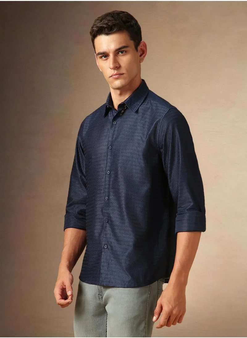 دينيس لينغو Men's Black Cotton Blend Textured Shirt
