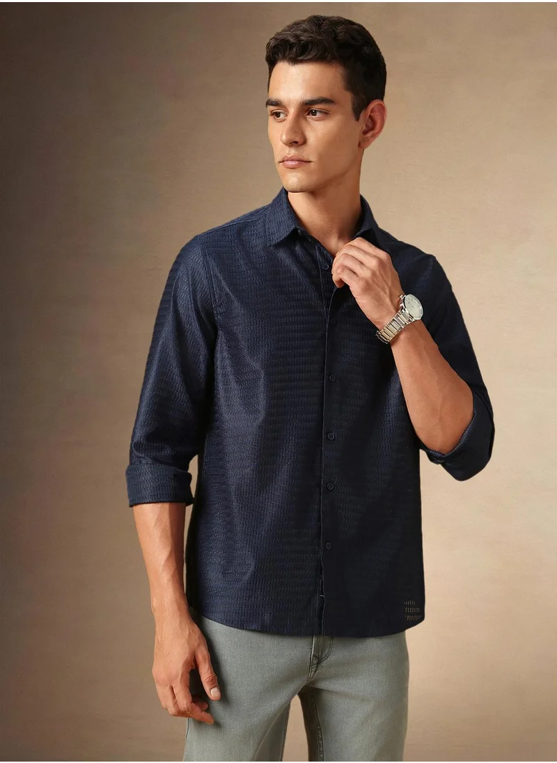 دينيس لينغو Men's Black Cotton Blend Textured Shirt