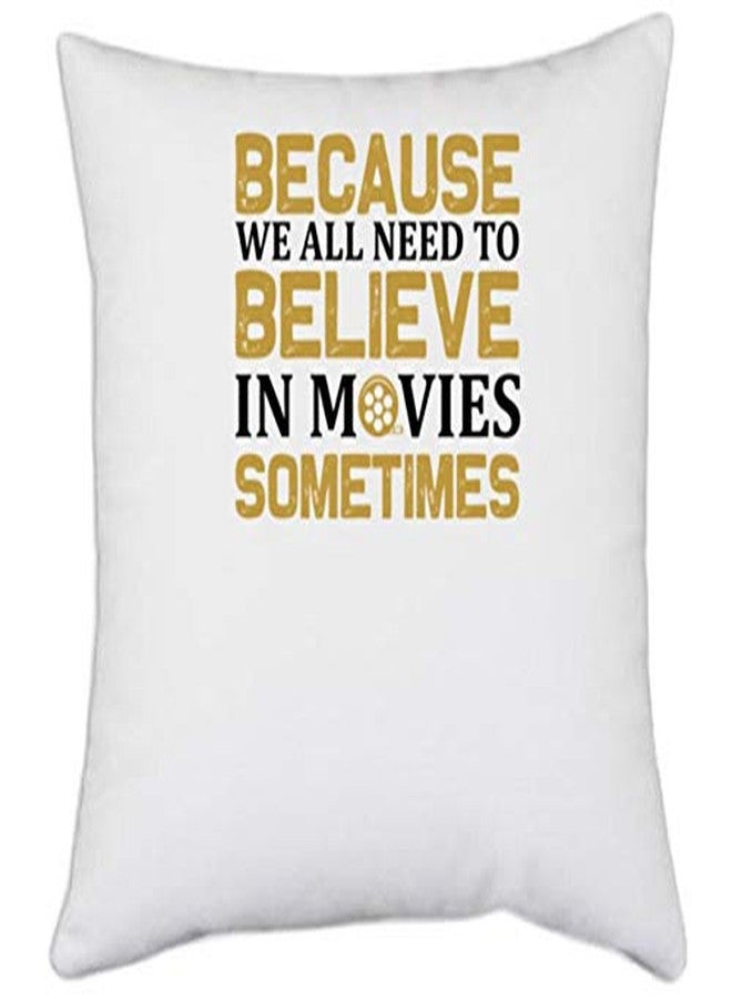 UDNAG White Polyester 'Movie | Because' Pillow Cover [16 Inch X 16 Inch]
