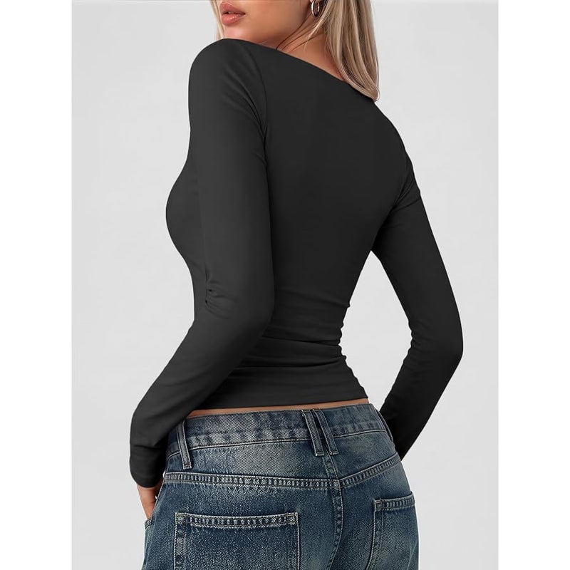 Trendy Queen Womens Long Sleeve Shirts Crop Tops Basic Double Layering Tight Slim Fit Y2K T Shirts Winter Clothes 2024 - Image 4