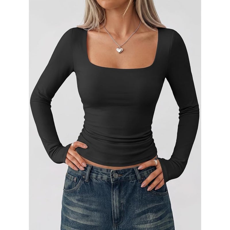 Trendy Queen Womens Long Sleeve Shirts Crop Tops Basic Double Layering Tight Slim Fit Y2K T Shirts Winter Clothes 2024 - Image 2