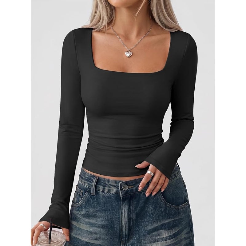 Trendy Queen Womens Long Sleeve Shirts Crop Tops Basic Double Layering Tight Slim Fit Y2K T Shirts Winter Clothes 2024 - Image 5