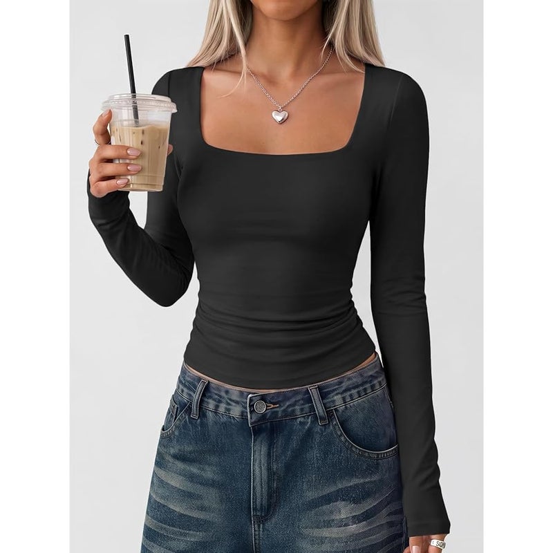 Trendy Queen Womens Long Sleeve Shirts Crop Tops Basic Double Layering Tight Slim Fit Y2K T Shirts Winter Clothes 2024 - Image 3