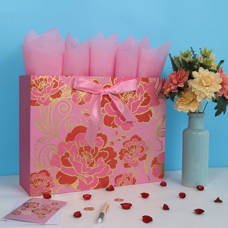 wishinside 16.5" Extra Large Rose Pink Gift Bag Set with Greeting Card and Tissue Paper(Foil Traced Flowers) for Celebrating Birthdays, Mother's Day, Valentine's Day, Weddings, Anniversary - 16.5â€x5.5â€x12.6â€, 1 Pcs. - Image 5