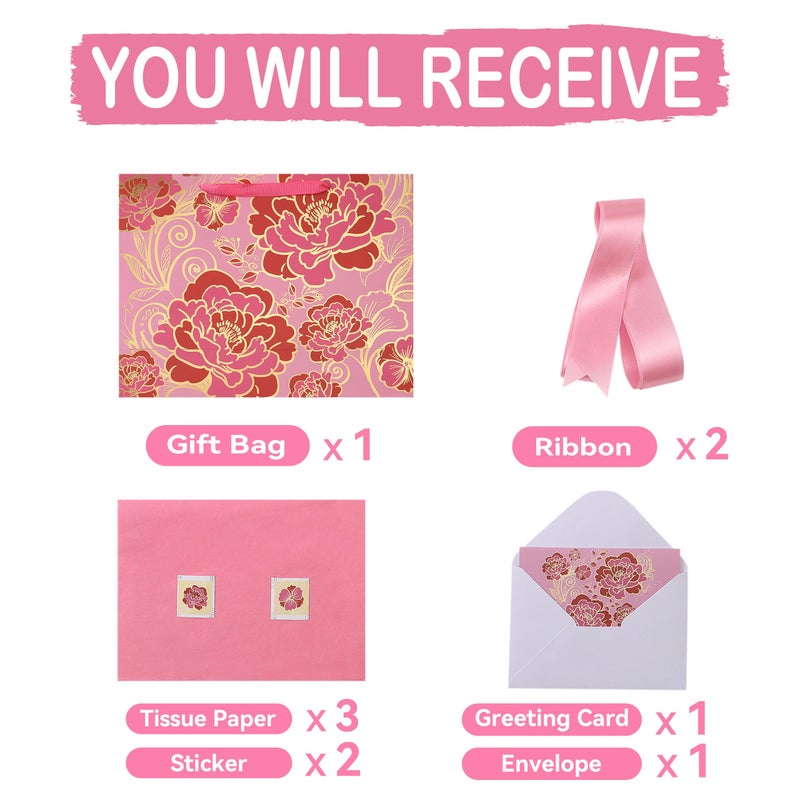 wishinside 16.5" Extra Large Rose Pink Gift Bag Set with Greeting Card and Tissue Paper(Foil Traced Flowers) for Celebrating Birthdays, Mother's Day, Valentine's Day, Weddings, Anniversary - 16.5â€x5.5â€x12.6â€, 1 Pcs. - Image 3