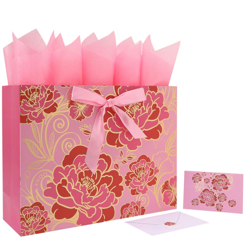 wishinside 16.5" Extra Large Rose Pink Gift Bag Set with Greeting Card and Tissue Paper(Foil Traced Flowers) for Celebrating Birthdays, Mother's Day, Valentine's Day, Weddings, Anniversary - 16.5â€x5.5â€x12.6â€, 1 Pcs. - Image 1