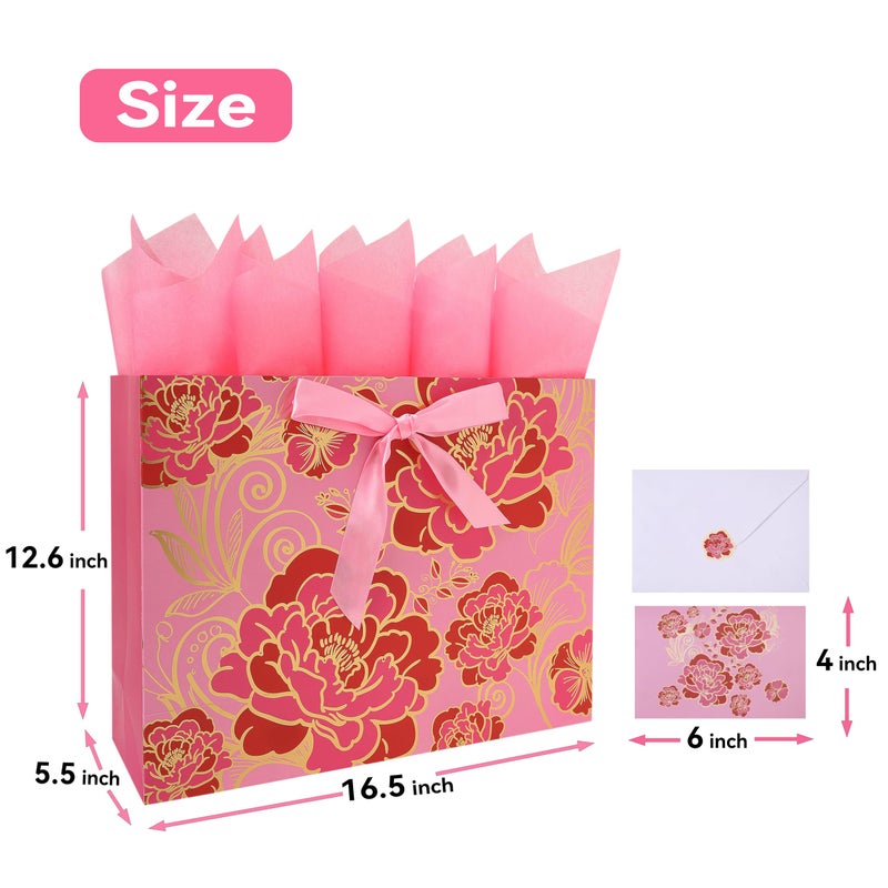 wishinside 16.5" Extra Large Rose Pink Gift Bag Set with Greeting Card and Tissue Paper(Foil Traced Flowers) for Celebrating Birthdays, Mother's Day, Valentine's Day, Weddings, Anniversary - 16.5â€x5.5â€x12.6â€, 1 Pcs. - Image 2