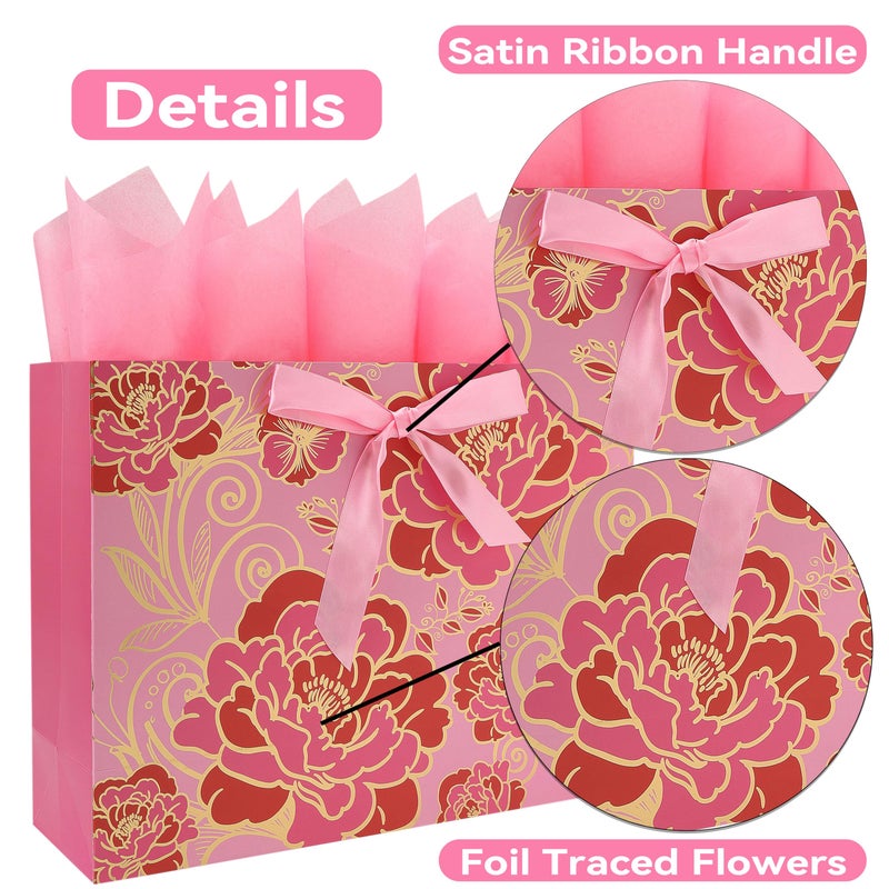 wishinside 16.5" Extra Large Rose Pink Gift Bag Set with Greeting Card and Tissue Paper(Foil Traced Flowers) for Celebrating Birthdays, Mother's Day, Valentine's Day, Weddings, Anniversary - 16.5â€x5.5â€x12.6â€, 1 Pcs. - Image 4