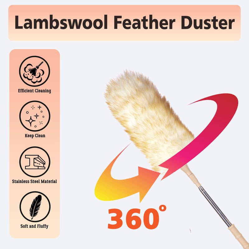 Cede noo Cedenoo Lambswool Duster Extendable 22â€“55 Inch Natural Wool Duster with Flexible Head for Ceilings Furniture Blinds Electronics Washable Reusable - Image 5