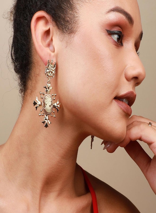 SOHI Women Gold Plated Drop Earrings, Push Pin Closure, Alloy Material, Artficial Stones, Cream Color, Chic, Modern and Fashionable jewellery for girls (9002) - Image 3