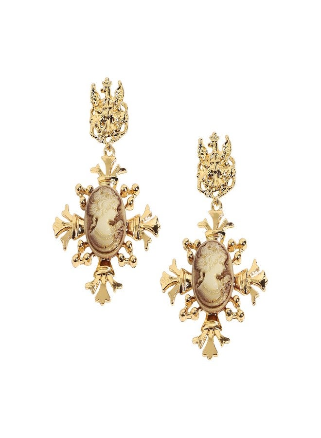 SOHI Women Gold Plated Drop Earrings, Push Pin Closure, Alloy Material, Artficial Stones, Cream Color, Chic, Modern and Fashionable jewellery for girls (9002) - Image 1