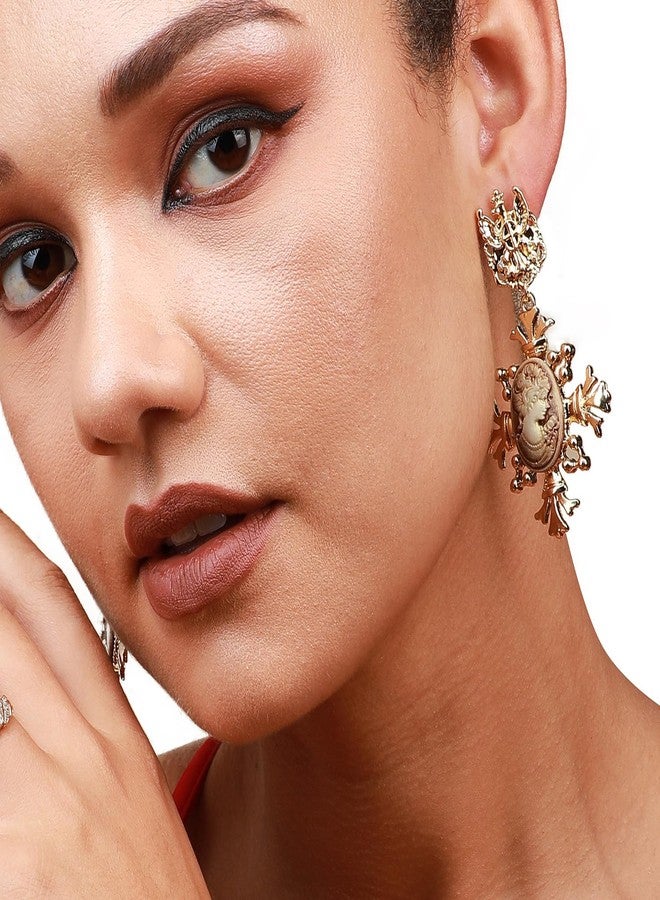 SOHI Women Gold Plated Drop Earrings, Push Pin Closure, Alloy Material, Artficial Stones, Cream Color, Chic, Modern and Fashionable jewellery for girls (9002) - Image 4