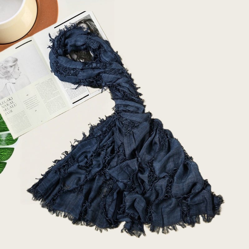 Noon Cross-Border Distressed Cotton-Linen Scarf - Vintage Washed Look, Solid Color Shawl for Spring/Autumn, Versatile Casual Hip-Hop Style