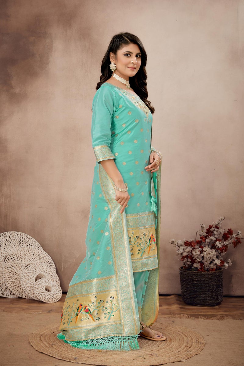 AMIRAT Women's Pure Silk Paithani Suit | Full Sleeves Zari Work | Unstitched Kurta set With Dupatta | Dress Material (Sky) - Image 5