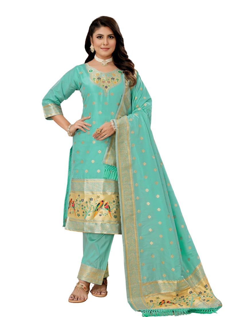 AMIRAT Women's Pure Silk Paithani Suit | Full Sleeves Zari Work | Unstitched Kurta set With Dupatta | Dress Material (Sky) - Image 1
