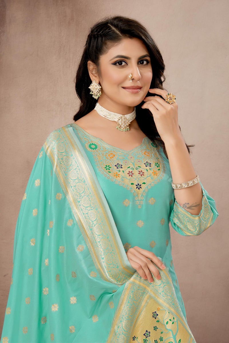 AMIRAT Women's Pure Silk Paithani Suit | Full Sleeves Zari Work | Unstitched Kurta set With Dupatta | Dress Material (Sky) - Image 4