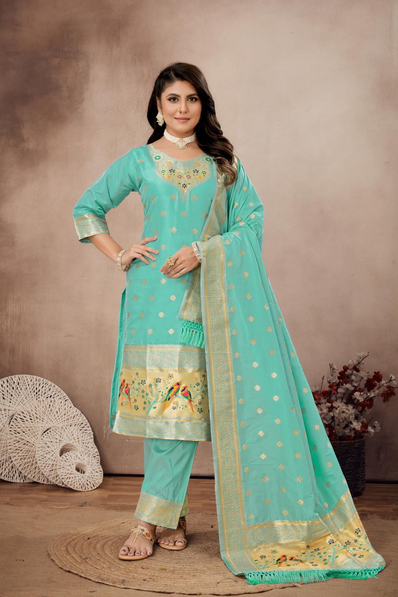 AMIRAT Women's Pure Silk Paithani Suit | Full Sleeves Zari Work | Unstitched Kurta set With Dupatta | Dress Material (Sky) - Image 3