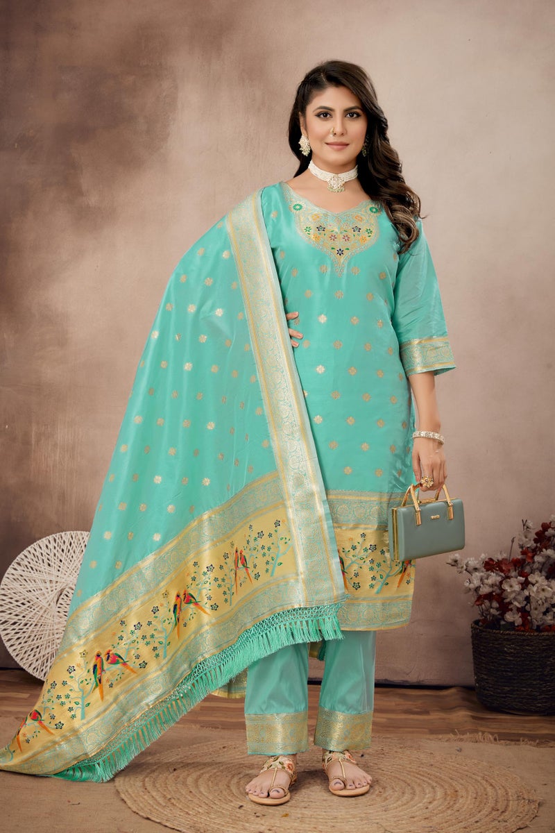 AMIRAT Women's Pure Silk Paithani Suit | Full Sleeves Zari Work | Unstitched Kurta set With Dupatta | Dress Material (Sky) - Image 2