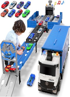 Beauenty Race Car Track Toy Truck Toy with Slots & Foldable Race Tracks Transport Car Carrier Toy for Toddlers Cars Toy Set Container Truck Toy with 8 Alloy Cars Vehicles Toy Set for 3+ Kids Boys Girls  - Image 1