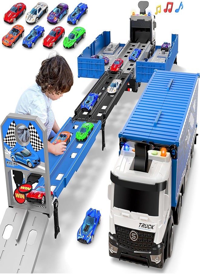 Beauenty Race Car Track Toy Truck Toy with Slots & Foldable Race Tracks Transport Car Carrier Toy for Toddlers Cars Toy Set Container Truck Toy with 8 Alloy Cars Vehicles Toy Set for 3+ Kids Boys Girls  - Image 1