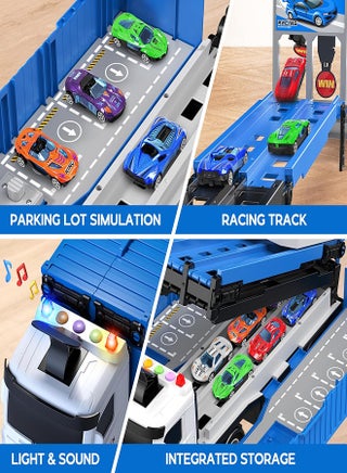 Race Car Track Toy Truck Toy with Slots & Foldable Race Tracks Transport Car Carrier Toy for Toddlers Cars Toy Set Container Truck Toy with 8 Alloy Cars Vehicles Toy Set for 3+ Kids Boys Girls - view 4