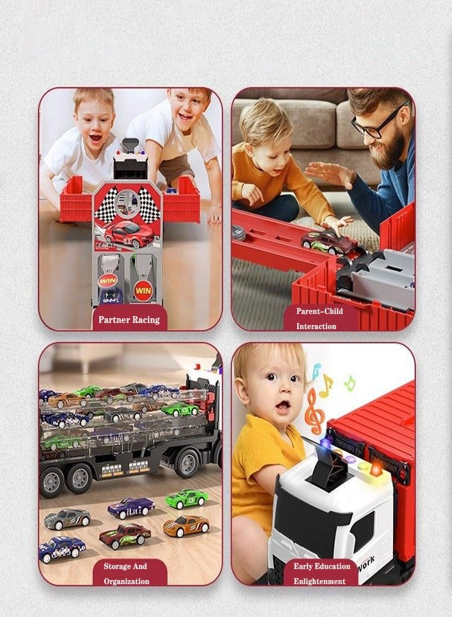 Race Car Track Toy Truck Toy with Slots & Foldable Race Tracks Transport Car Carrier Toy for Toddlers Cars Toy Set Container Truck Toy with 8 Alloy Cars Vehicles Toy Set for 3+ Kids Boys Girls