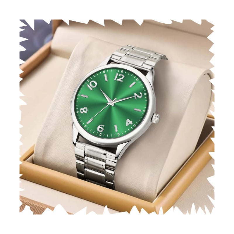 Acnos Fashion Analog Watch Green Dial Case Men's Watch Stainless Steel Silver Color Band Quartz Movement Scratch-Resistant - Image 5