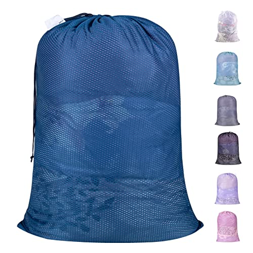 Polecasa Heavy Duty Diamond Large Mesh Laundry Bag with ID Tag and Locking Drawstring Closure  24 x 36 inches  Laundry Hamper Liner Washable Laundry Bags for Travel Sports Dorms Blue